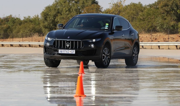 A timed gymkhana is an opportunity to test the wet driving safety in the Levante.