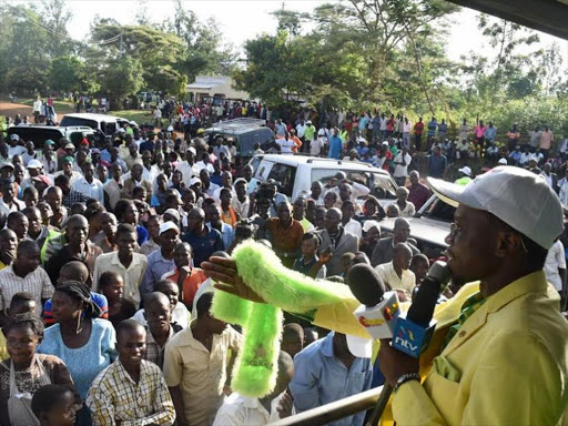 Budalang'i MP Ababu Namwamba addresses residents of Kimait after opening a Labour Party office in Bumula, Bungoma, April 9, 2017. / EMOJONG OSERE