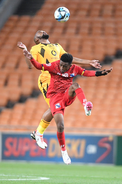 Siyabonga Nzama of Milford and Sibongiseni Mthethwa of Chiefs in an aerial battle during the Nedbank Cup game.