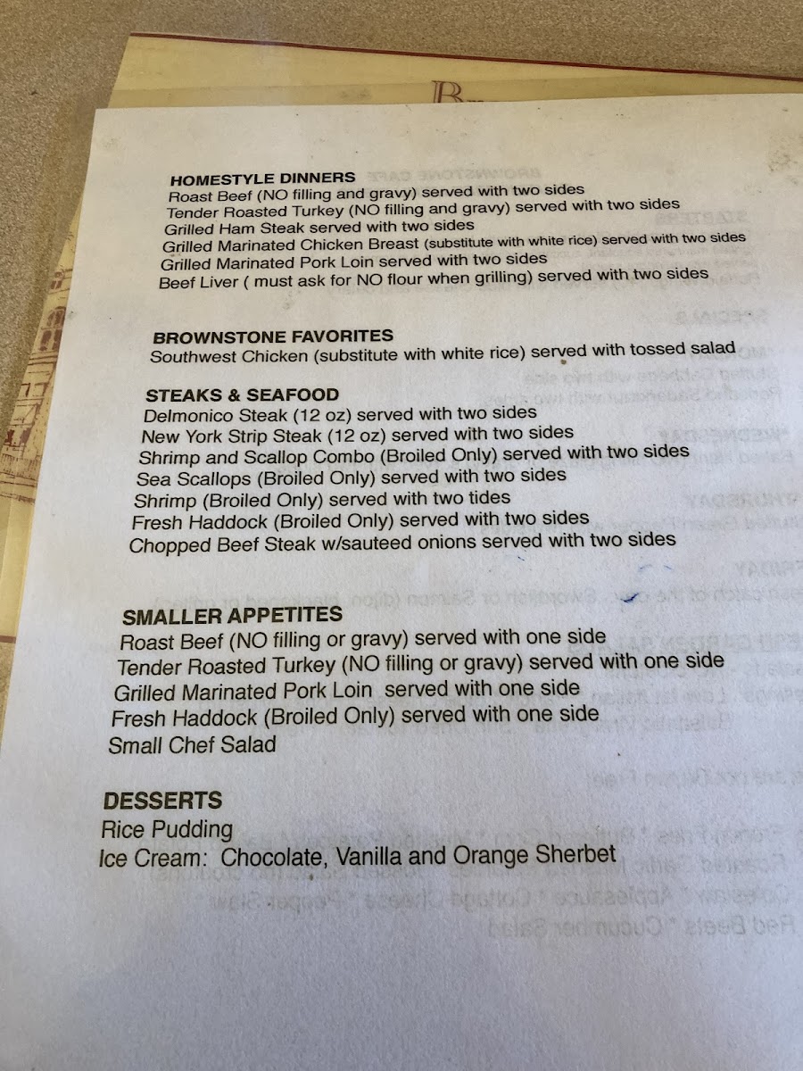 Brownstone Cafe gluten-free menu
