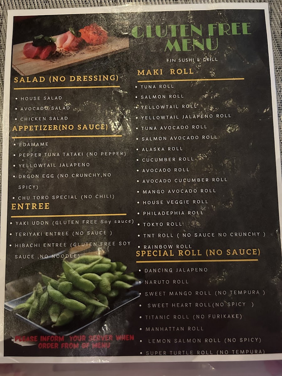 Fin Sushi & Grill gluten-free menu