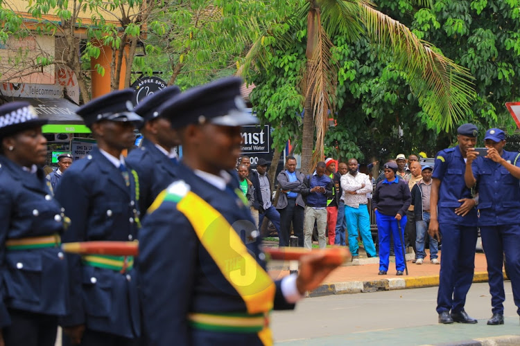 OOfficers from Nairobi City County inspectorate prepare to receive Governor Johnson Sakaja ahead of his County Assembly address on the status of the county on April 4, 2024
