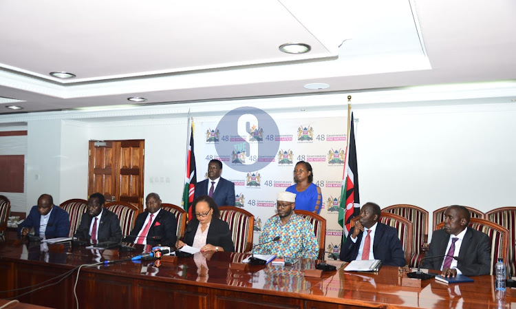 Concil of Governors chairperson Anne Waiguru leads other governors during a press briefing on Doctors strike at the Council of Governors offices in Nairobi on March 27,2024