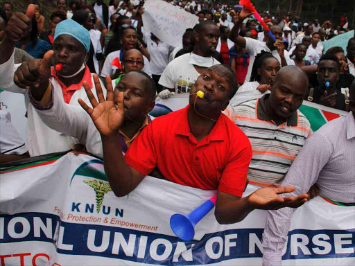 Striking nurses march to the Council of Governors office in Nairobi to demand the implementation of their Collecive Bargaining Agreement, June 12, 2017. /JACK OWUOR