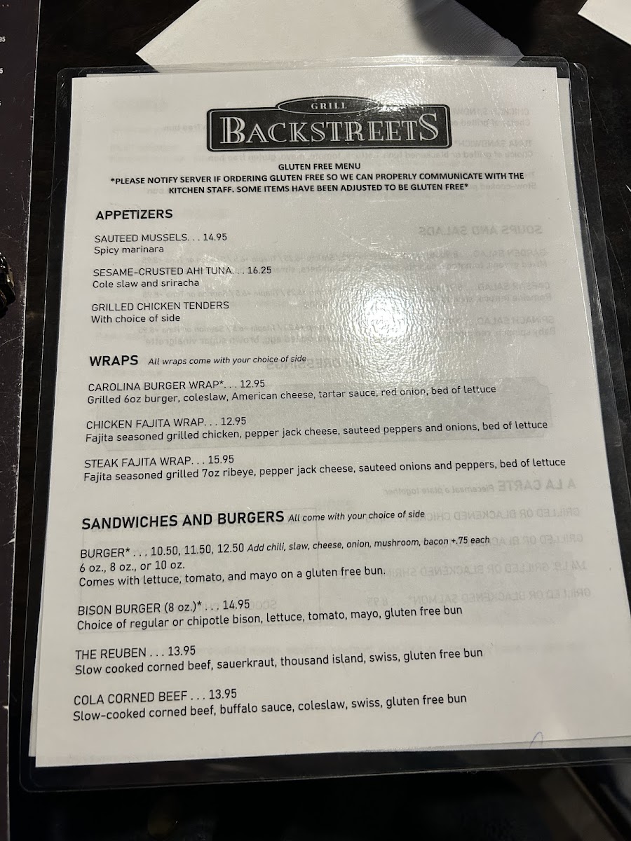 Backstreets Grill gluten-free menu