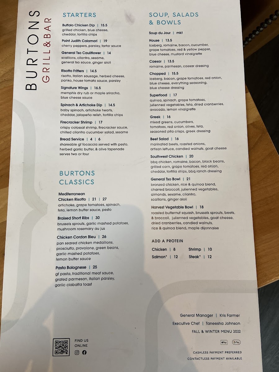 Burtons Grill & Bar gluten-free menu