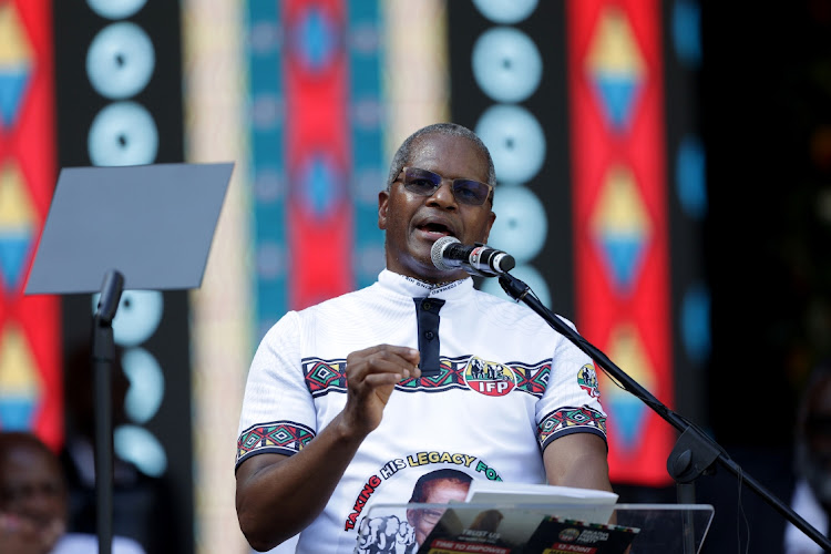 Inkatha Freedom Party president Velenkosi Hlabisa speaks during the party's election manifesto launch at Moses Mabhida Stadium in Durban. Photo: SANDILE NDLOVU