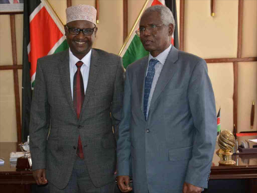 Lapsset board chairman ambassador Francis Muthaura with Isiolo Governor Godana Doyo at his office during their meeting on September 28, 2016. /HUSSEIN SALESA