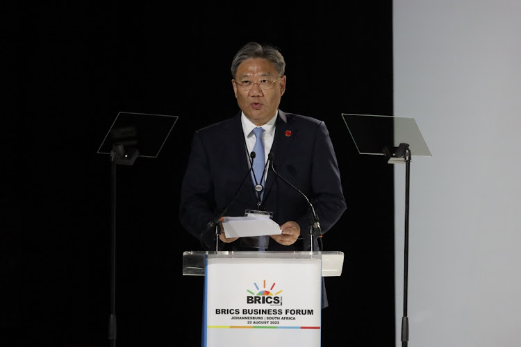 August 22 2023. Wang Wentao China’s minister of commerce, addressing the Brics business forum on behalf of China’s president Xi Jinping in Sandton, Johannesburg South Africa. Picture: Thapelo Morebudi
