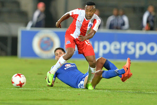Lebohang Maboe and Dean Furman during the Absa Premiership match between SuperSport United and Maritzburg United at Lucas Moripe Stadium on February 22, 2017 in Pretoria, South Africa.