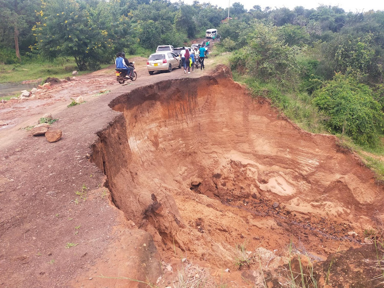 A road from Kabuta to Githuri in Murang'a East that has caved in following heavy rains.