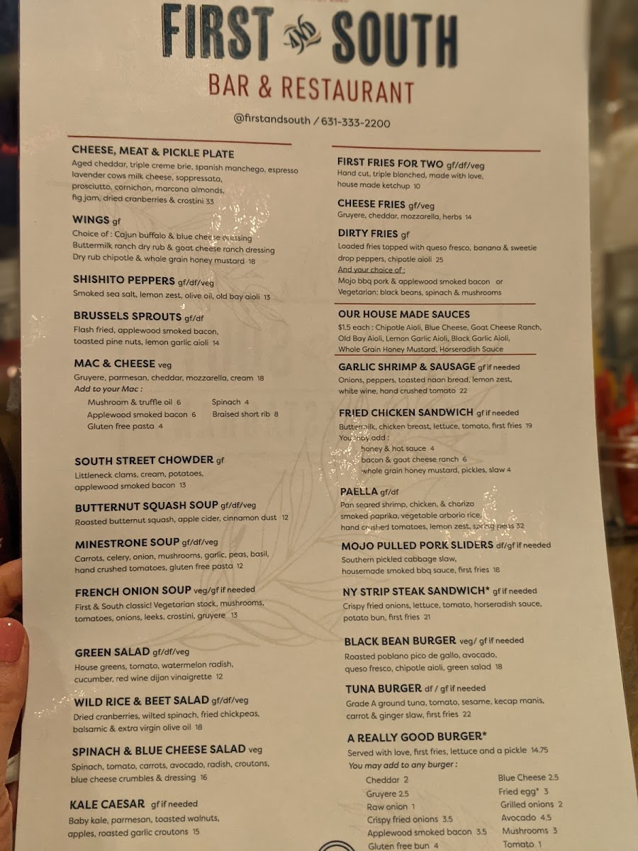 First and South gluten-free menu