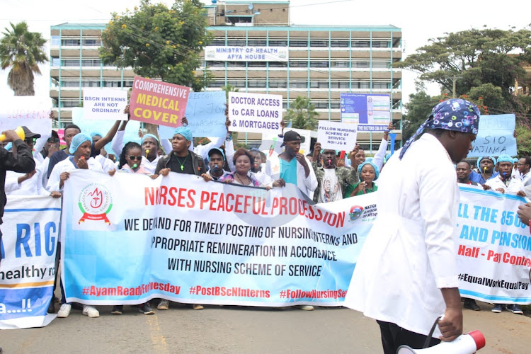 Doctors, Interns and nurses demontrate as they head to the Ministry of health offices, Nairobi on April 9, 2024