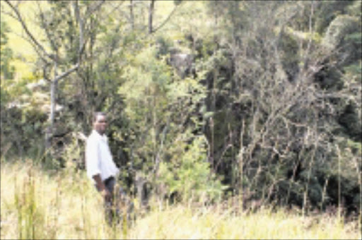DEADLY PLUNGE: ANC chairperson of Entembeni in Greytown, Thabiso Mthembu, stands at the cliff edge where Vusi Gasa fell after being chased by IFP supporters last week. 15/03/09. Pic. Mhlaba Memela. © Sowetan.