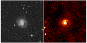 First ever radio image (right panel) of a spiral galaxy previously photographed in visible light (left panel). Both the visible light on the left and the radio waves on the right left this galaxy 230 million years ago. 