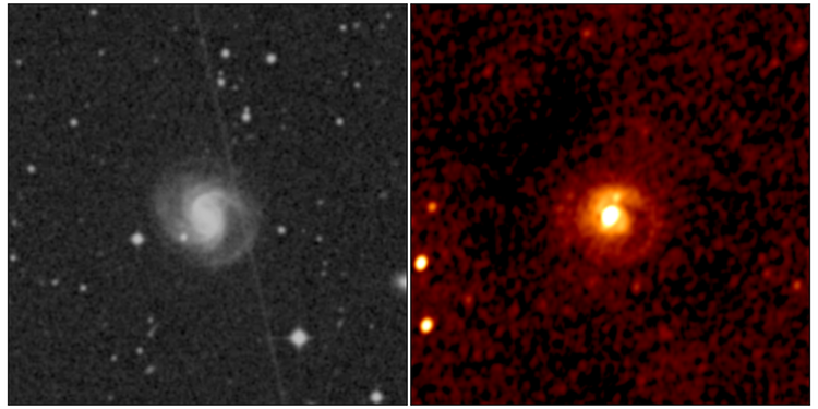 First ever radio image (right panel) of a spiral galaxy previously photographed in visible light (left panel). Both the visible light on the left and the radio waves on the right left this galaxy 230 million years ago.