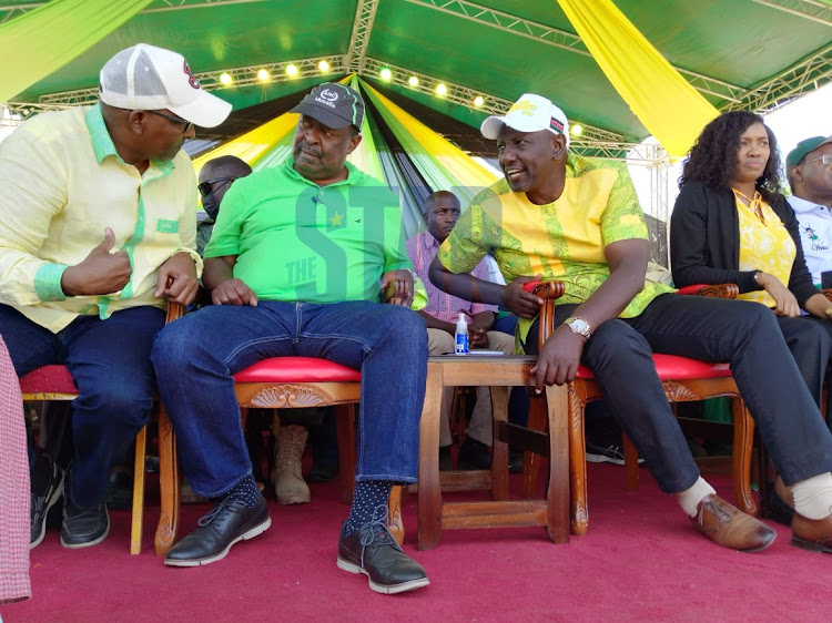Garissa Township MP Aden Duale, ANC party leader Musalia Mudavadi and DP Ruto during the UDA/ANC mega rally at Nakuru ASK Showground. PHOTO/BEN NDONGA