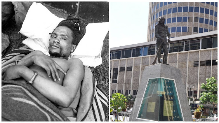 Mau Mau leader Field Marshal Dedan Kimathi upon his capture in 1956 and the statue erected in his honour in 2017. His deputy, Field Marshal Baimunge, was killed by government forces two years after Independence