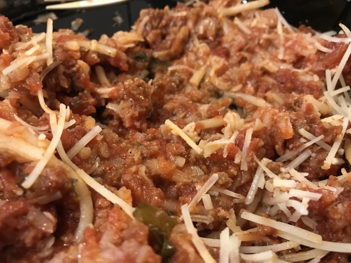 Spaghetti with meat sauce (I added some shredded Parm cheese)