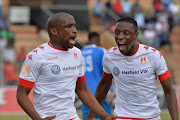 Surprise Moriri celebrates his goal with teammates during the Absa Premiership match between Highlands Park and Maritzburg United at Makhulong Stadium on March 19, 2017 in Johannesburg, South Africa.
