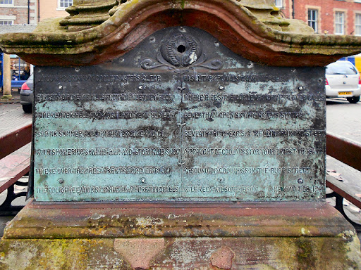 One of the copper plaques on NY9364 : Hexham Pant. O YOU WHO DRINK MY COOLING WATERS CLEAR FORGET NOT THE FAR HILLS FROM WHENCE THEY FLOW WHERE OVER FELL AND MOORLAND YEAR BY YEAR SPRING SUMMER...