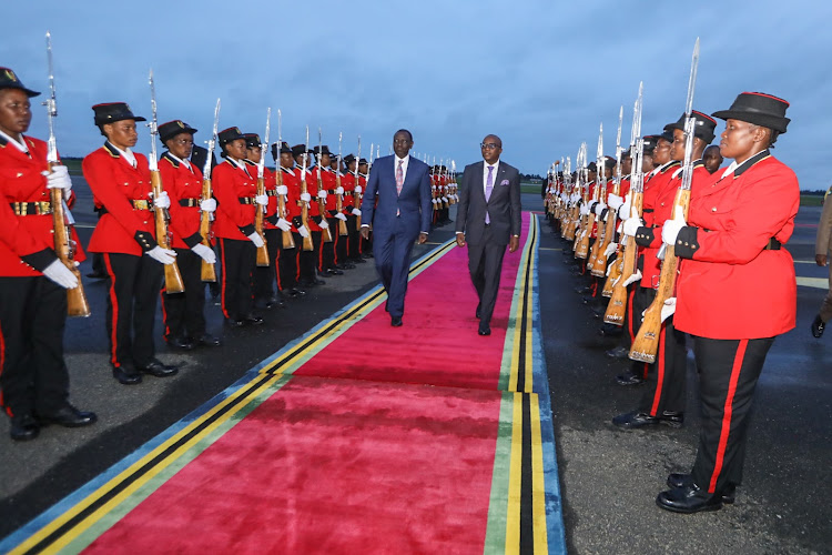 President William Ruto is welcomed upon arrival in Tanzania by minister for Minerals Anthony Mavunde on April 25, 2024.