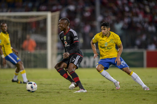 Tendai Ndoro of Orlando Pirates and Leonardo Castro of Mamelody Sundowns during the Nedbank Cup Quarter Final match between Mamelodi Sundowns and Orlando Pirates at Lucas Moripe Stadium. Picture Credit: Gallo Images