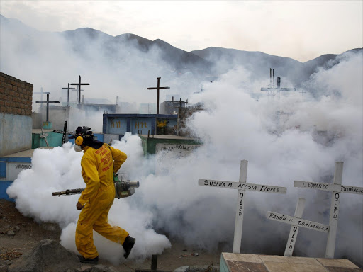 A health worker carries out fumigation as part of preventive measures against the Zika virus and other mosquito-borne diseases at the cemetery of Carabayllo on the outskirts of Lima, Peru February 1, 2016. Photo/REUTERS