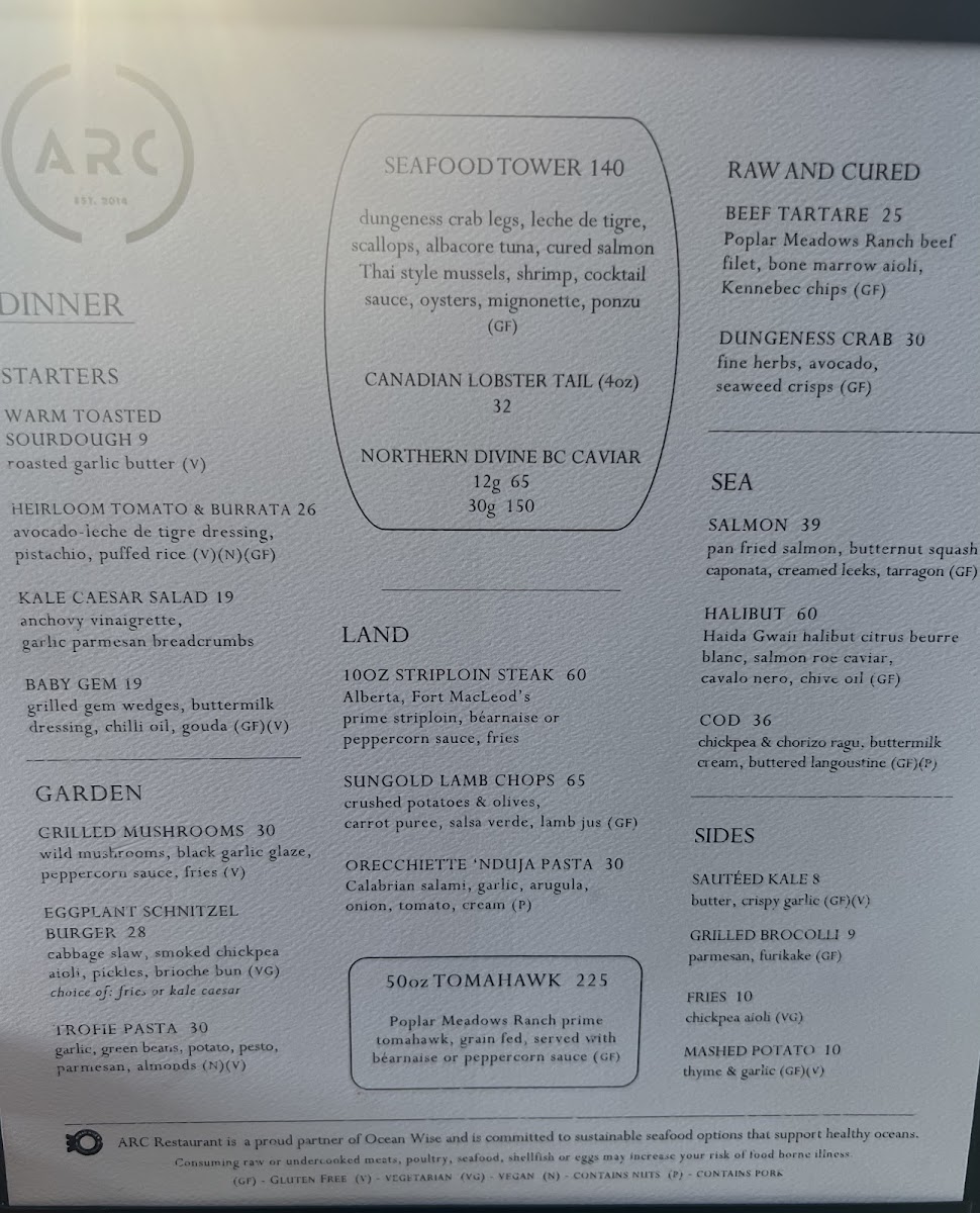 ARC Restaurant gluten-free menu
