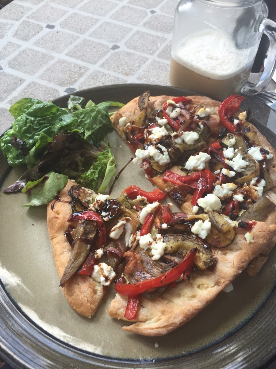 Roasted veggie and goat cheese flatbread. Excellent crust!