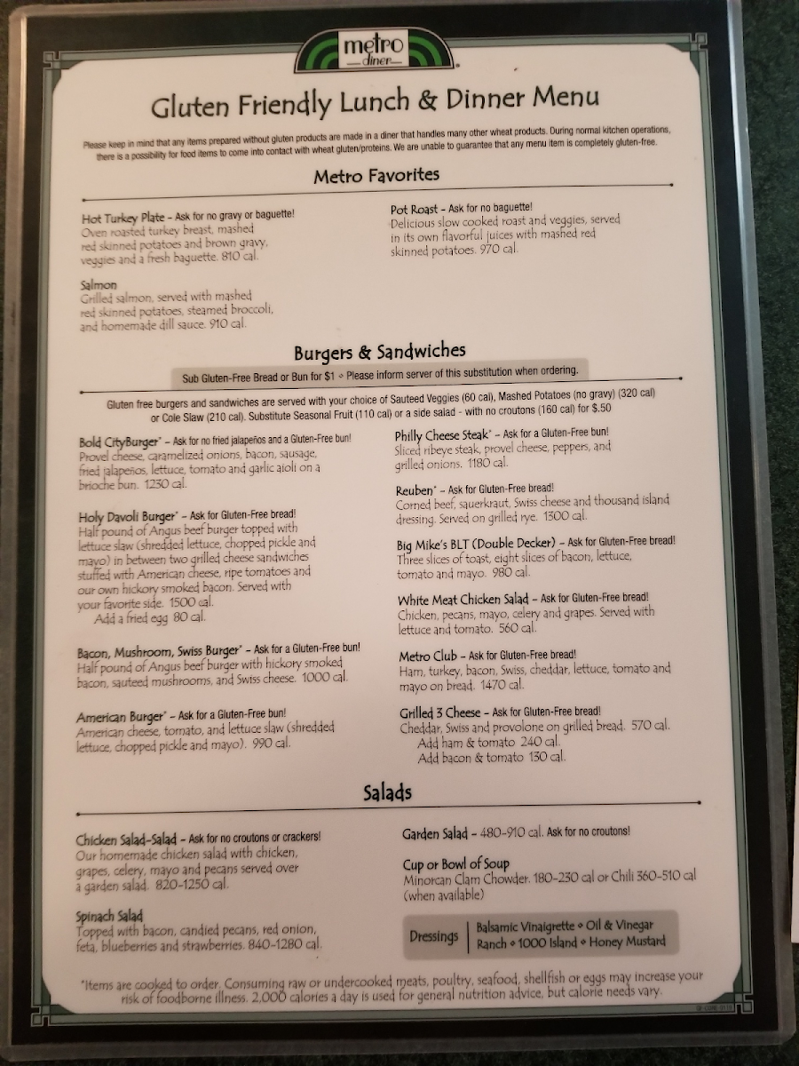 Metro Diner gluten-free menu