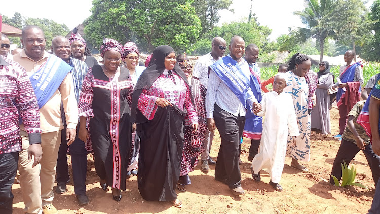 Governor Fatuma Achani accompanied by other leaders at Kwale Cultural Centre in Matuga subcounty on December 27 last year