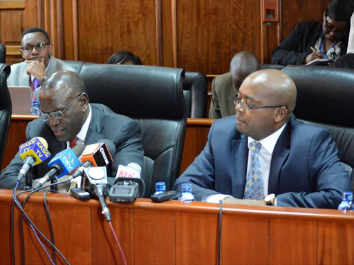 A file photo of Health CS Cleopas Mailu and PS Nicholas Muraguri during an appearance before the Senate. /COURTESY