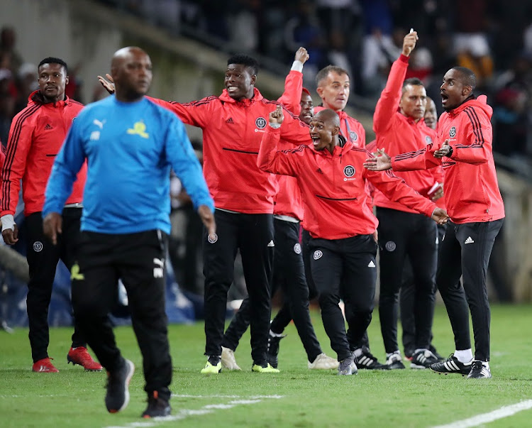Orlando Pirates bench reacts to Victor Gomes, 4th Assistant referee during the Absa Premiership 2018/19 match between Orlando Pirates and Mamelodi Sundowns at the Orlando Stadium, Soweto on the 01 April 2019.