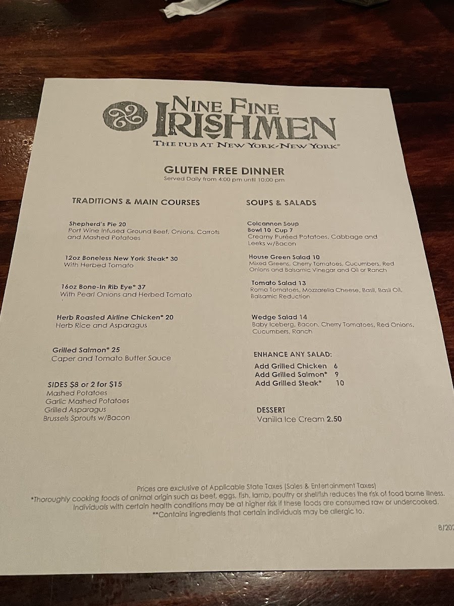 Complete gluten free menu — December 2021