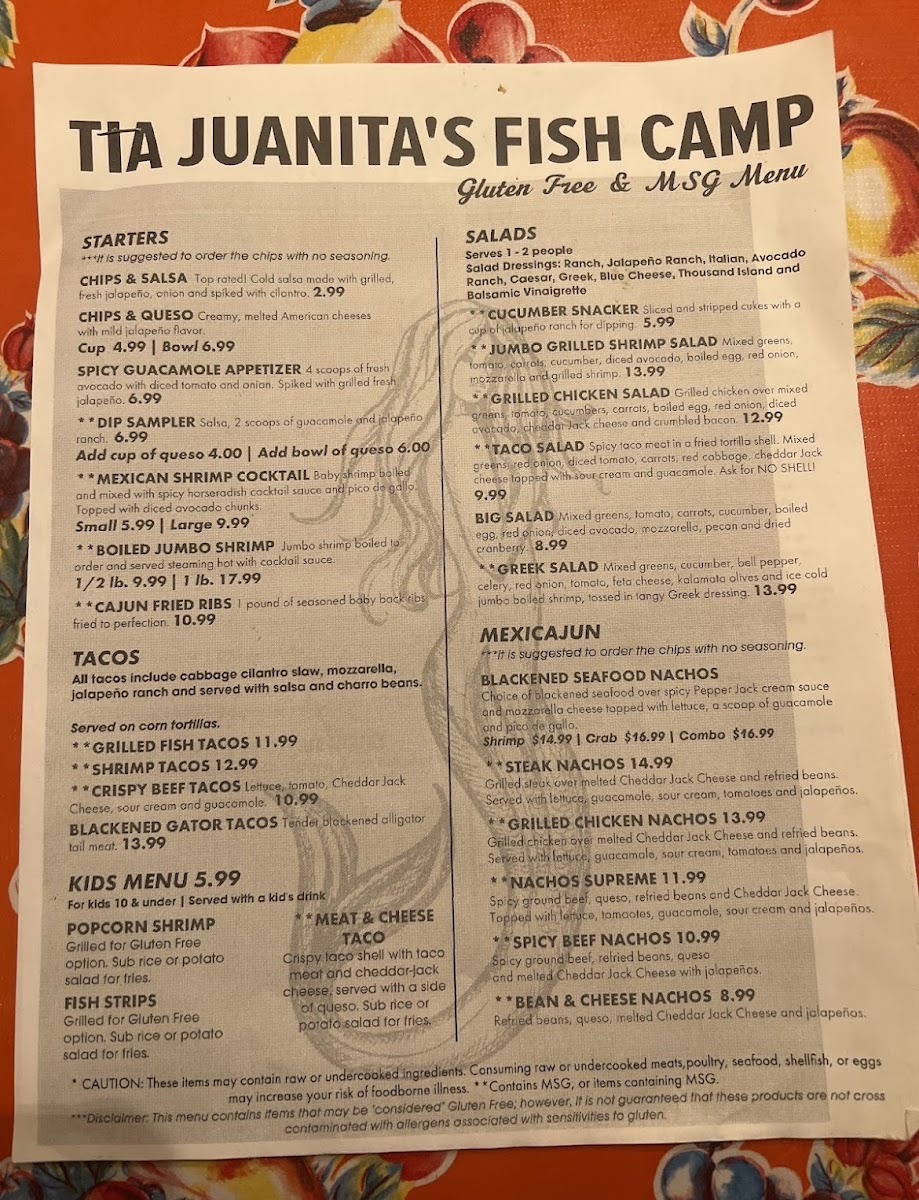 Tia Juanita’s Fish Camp gluten-free menu