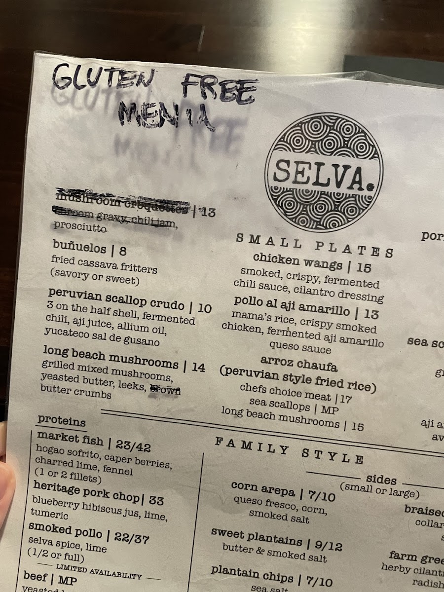 Selva gluten-free menu