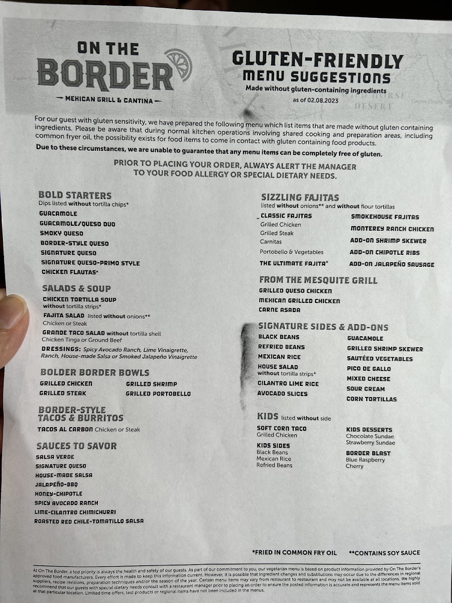 On the Border gluten-free menu