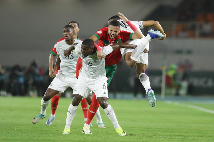 Bafana Bafana's Maphosa Modiba challenges Youssef En Nesyri of Morocco in their Africa Cup of Nations last 16 clash at Stade Laurent Pokou Stadium in San Pedro, Ivory Coast on Tuesday night.