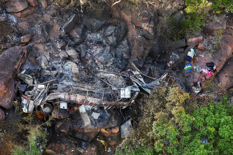 The burnt remains of the bus that was taking Easter pilgrims from Botswana to Moria, after it crashed near Mamatlakala in Limpopo.