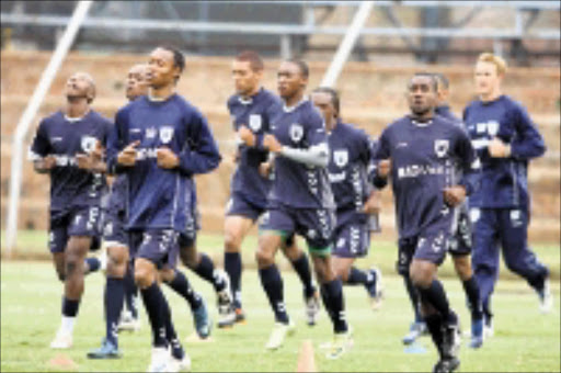 PUMPED UP: Wits University players hard at training at Milpark Stadium in preparation for their Premiership encounter against SuperSport United tonight. 14/04/2009. Pic. Bafana Mahlangu. © Sowetan.