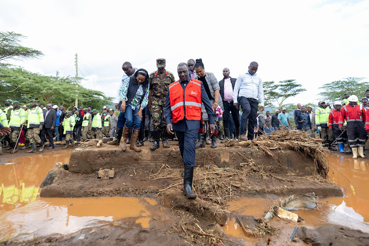 President William Ruto inspects the damage at the Mai Mahiu after landslide on April 30, 2024.