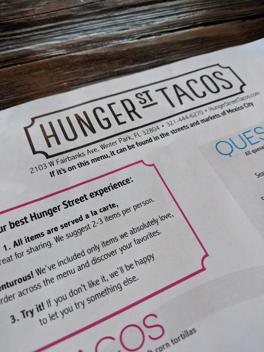 Hunger Street Tacos gluten-free menu
