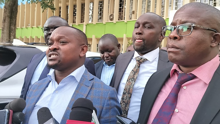 Kisii County Assembly Majority Leader Henry Moracha (left) Richmond Manani (right) addressing journalists outside the Assembly on Tuesday, April 16, 2024.