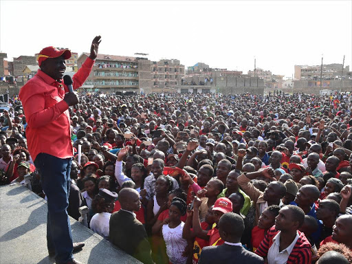 Deputy President William Ruto addresses a rally at Tassia in Embakasi East constituency, Nairobi, yesterday / REBECCA NDUKU/DPPS