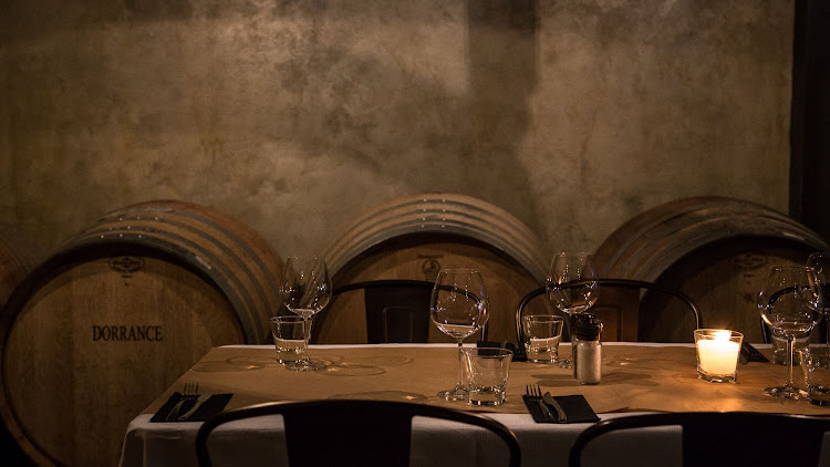 Table settting inside Bouchon cellar