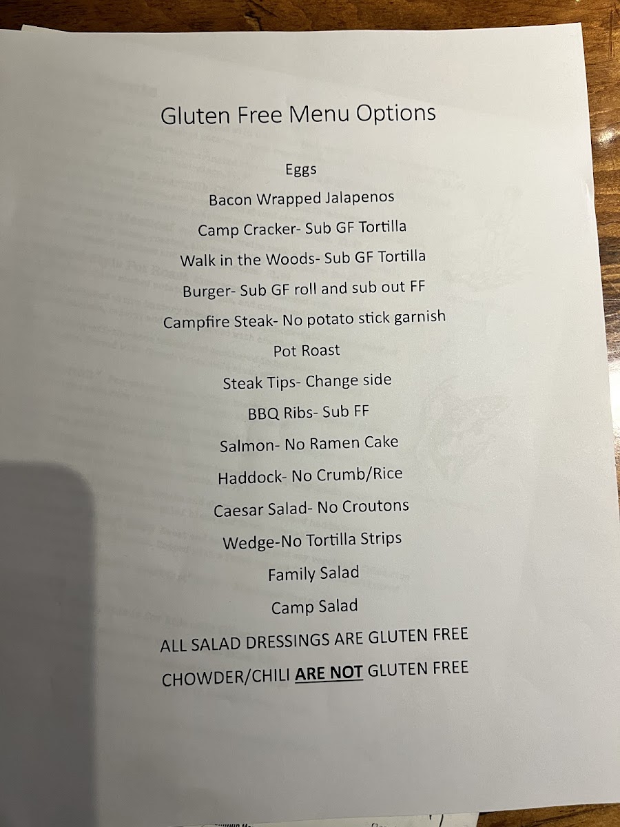 Camp gluten-free menu
