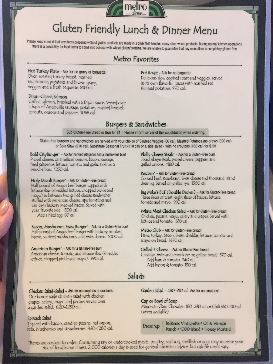 Metro Diner gluten-free menu