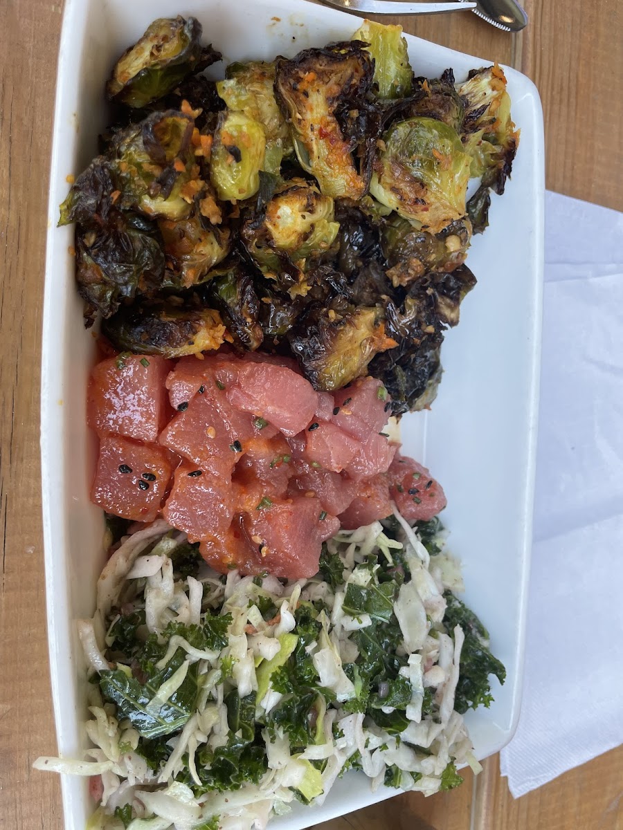 Poke with crispy brussel sprouts and cider slaw.