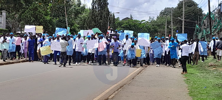 The striking doctors march through the streets in Eldoret on April 15, 2024